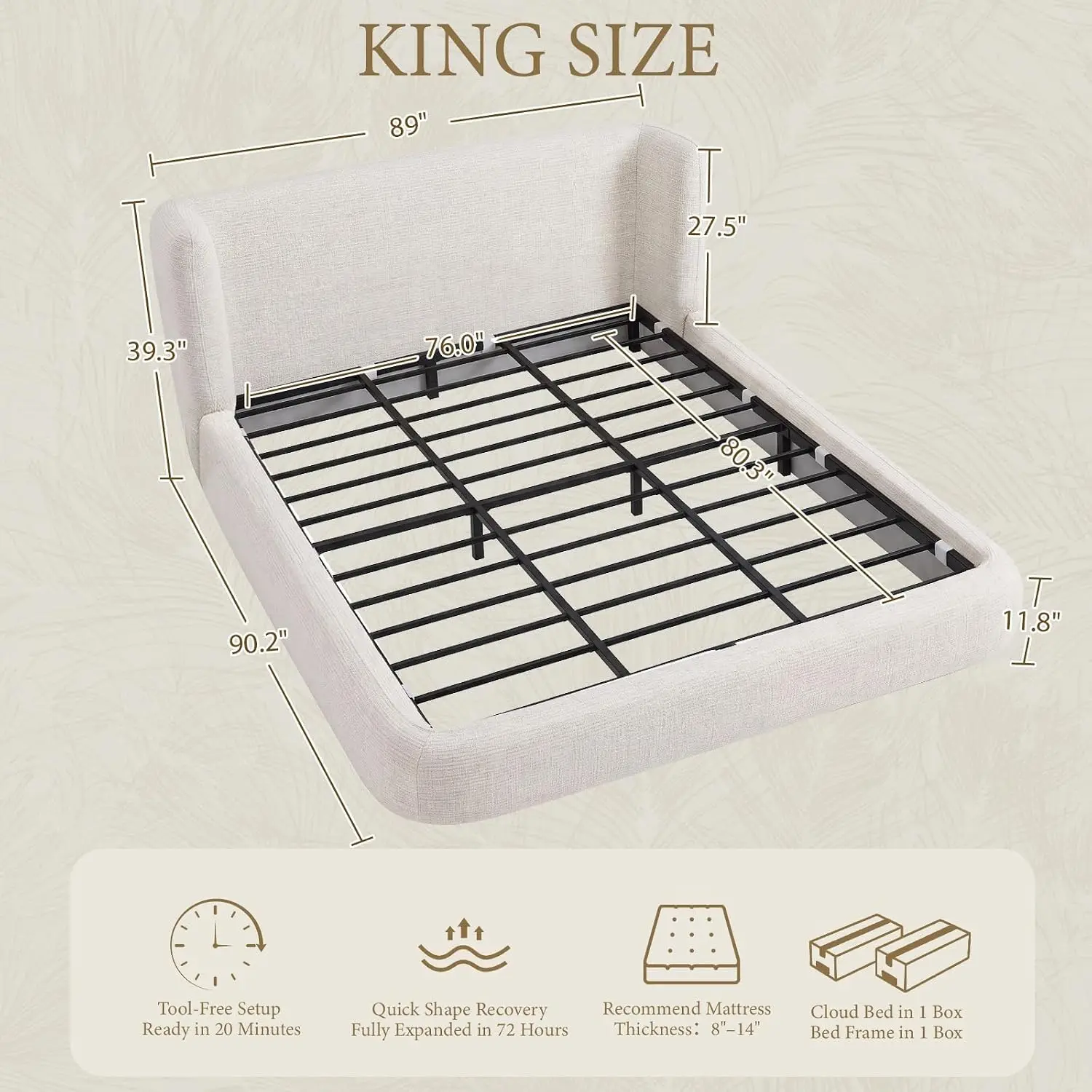 Ivory King Platform Bed, Upholstered Cloud Design, Modern Bedroom, Wood Slat Support, Customized
