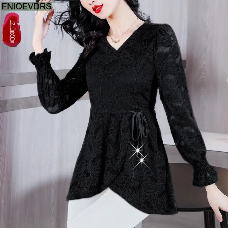 M-4XL Hollow Out Lace Shirts2023 Women European Style Office Lady Drawstring Waist Bow Tie Thick Winter Tunic Peplum Top Blouses