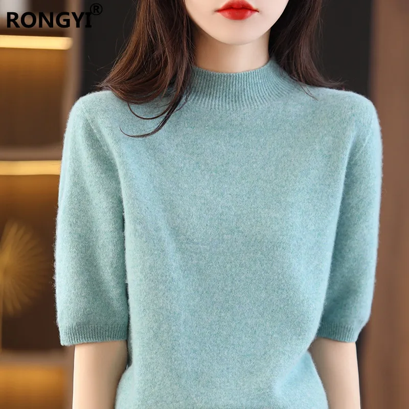 RONGYI Seamless Cashmere Sweater Knitted Women\'s Clothing 100% Pure Wool Short-Sleeved 2022 Spring Five-Quarter Sleeve  Pullover