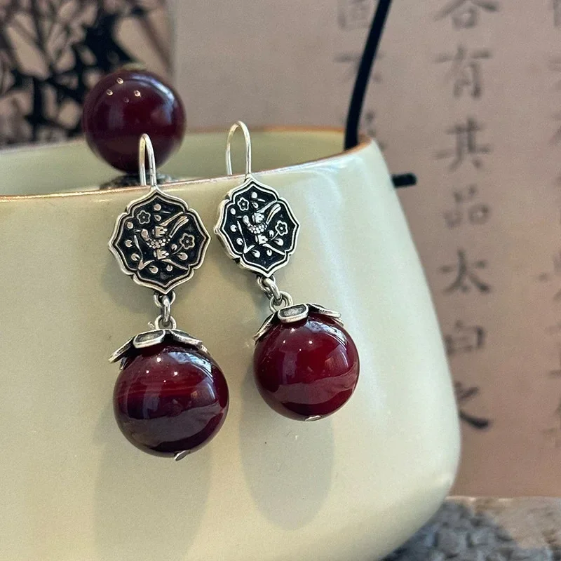 silver 925 Retro Plum Blossom Magpie earrings for women New in Ethnic Style Simple Red Gem Round Beads Earring Wedding Jewelry