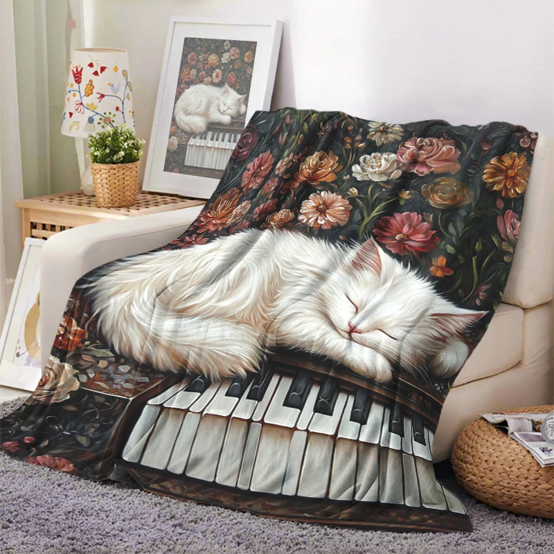 1pc Vintage Floral Sleeping White Cat Piano Fleece Blanket Cozy Soft Warm Throw Blanket for Home Living Room Bedroom Decor
