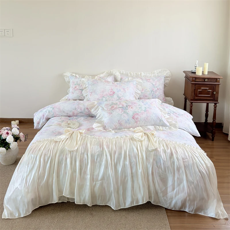 100% Cotton Princess Wedding Bedding Set Floral Print Ruffle Duvet Cover Set with Bowknot, Bed Skirt, Pillowcases 4Pcs
