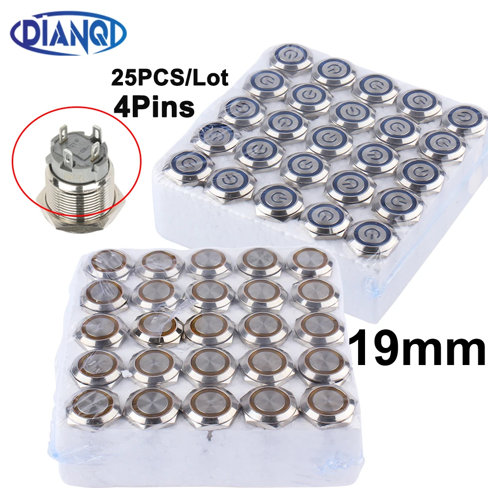 

25PCS 22mm Waterproof Metal Push button Switches With LED Light Flat Head 19mm Momentary Reset or Latching With Fixing 4Pins 12V