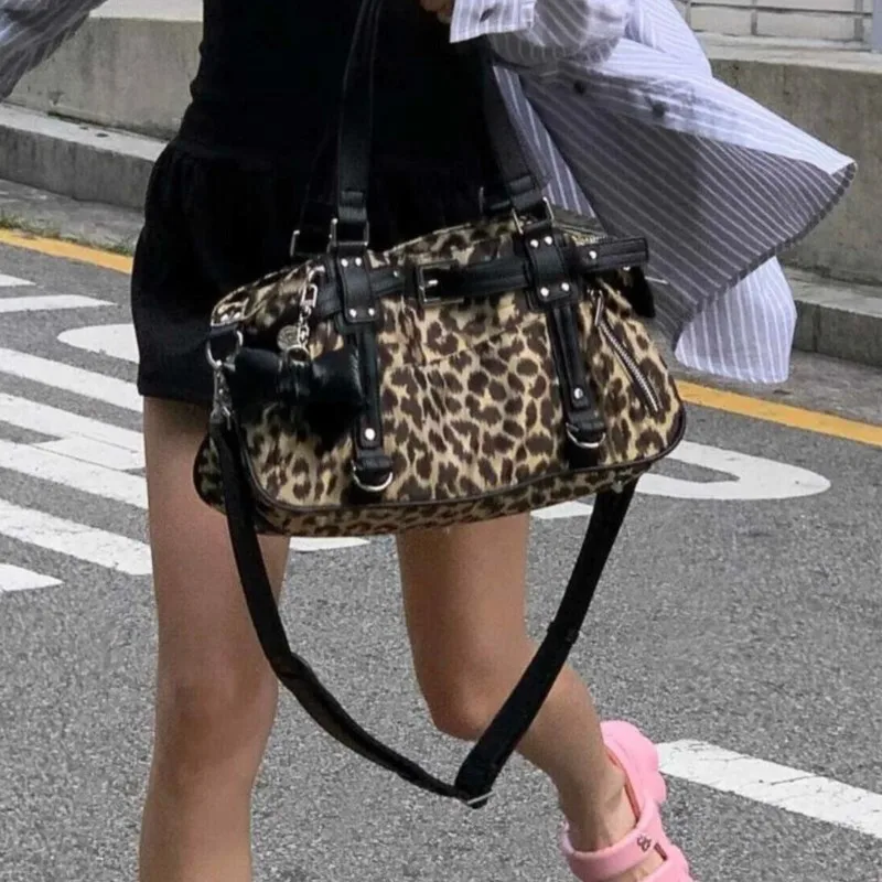 

Harajuku леопардовый принт Y2k сумки женские корейская мода нейлоновая сумка на плечо женская 2024 новая винтажная сумка-тоут подмышками эстетичная