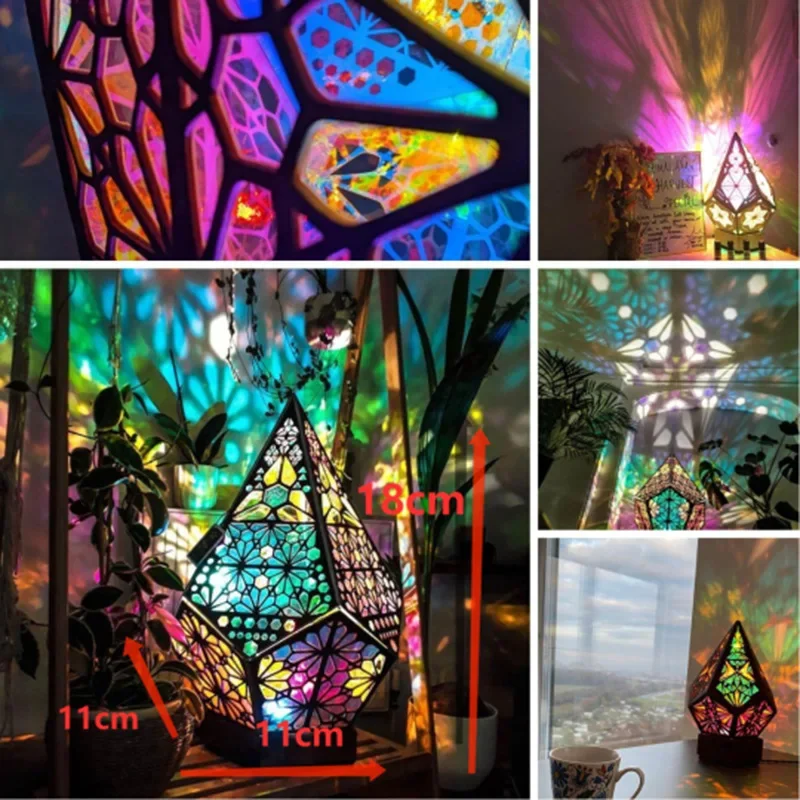 Wooden Polar Star Diamond Lamp LED Projection Bohemian Decorative Lamp Geometric Light Home Decor Bedroom Bedside Standing Lamp