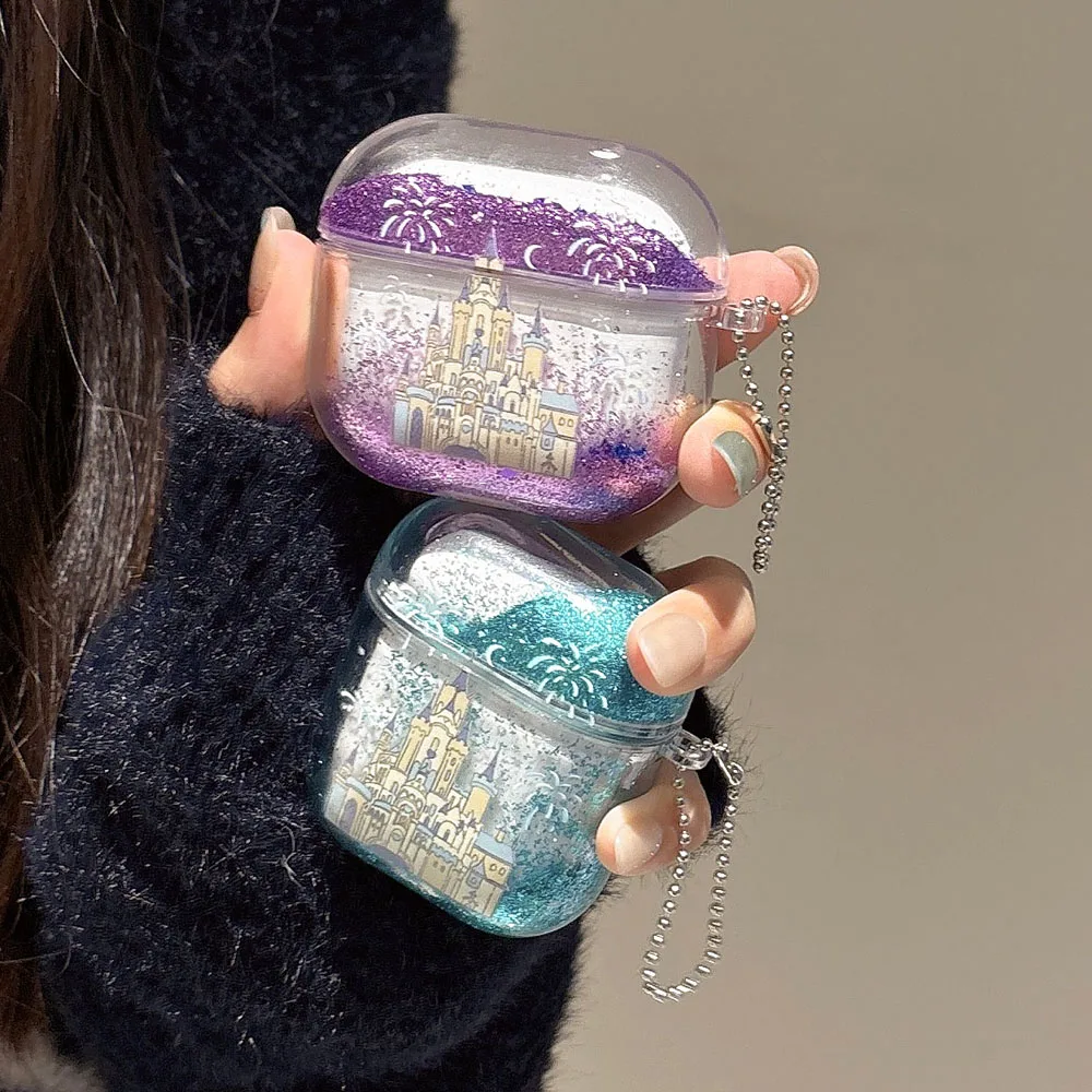 Dreamy Castle Quicksand Glitter Case For AirPods 4 ANC for Apple AirPods 1 2 3 Pro Pro2 Earphone Protective Cover with Keyring