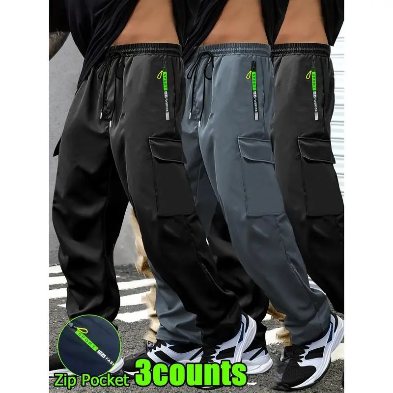 Men's 3 Pack Multi Pocket Cargo Pants Black Straight Leg Neutral Style Casual Trousers for Summer Season Other Material 100%