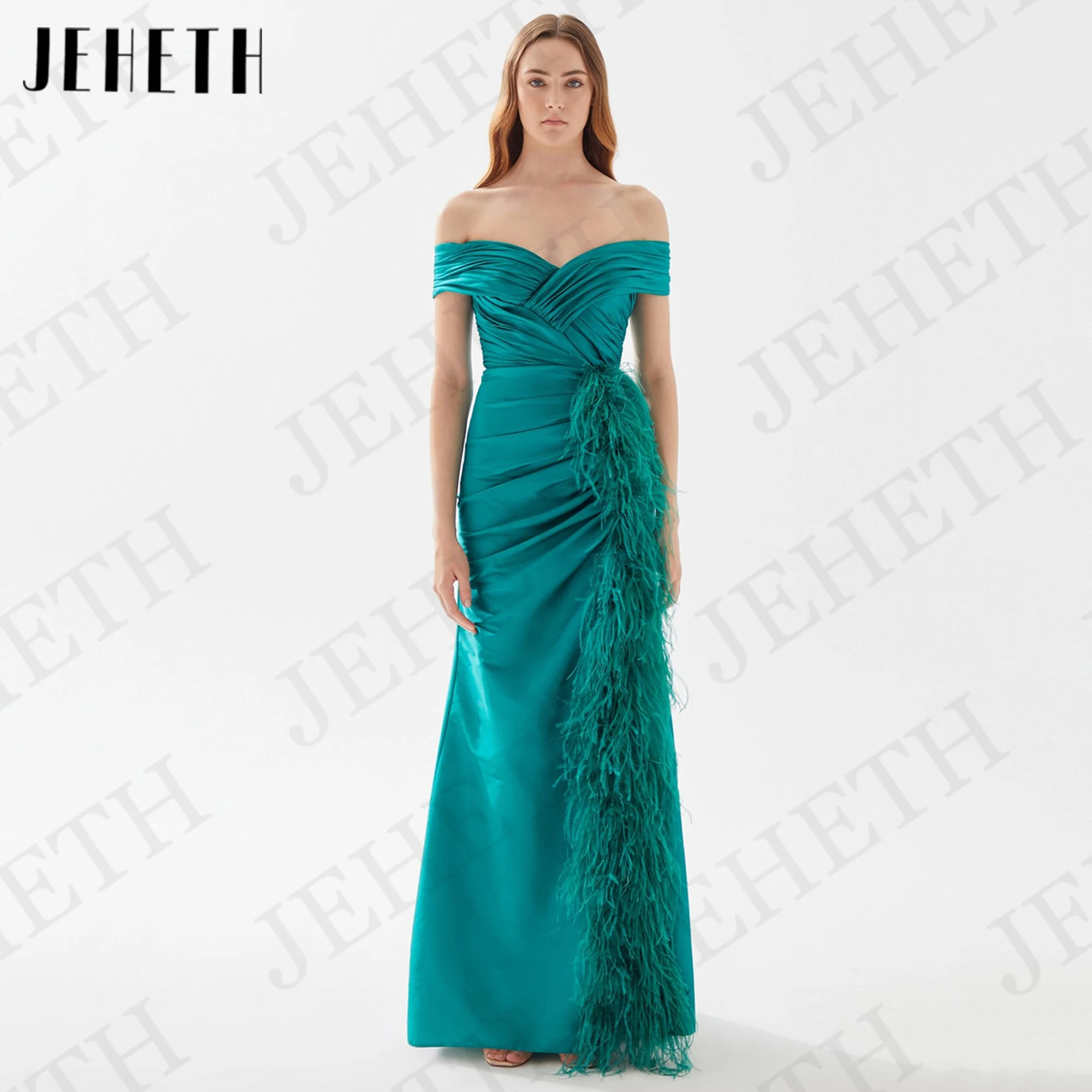 JEHETH-vestidos de noche con hombros descubiertos para mujer elegante vestido de noche con abertura con plumas sirena satén ocasión Formal personalizado escote corazón Vestido de noche al aire libre elegante mujer plum