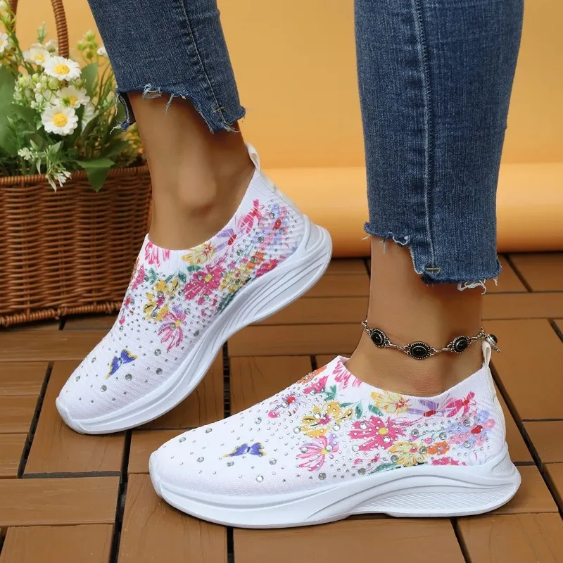 

Flower Print Knitted Sneakers Women Shiny Crystal Breathable Walking Shoes Woman Plus Size Casual Non-Slip Sock Shoes Ladies