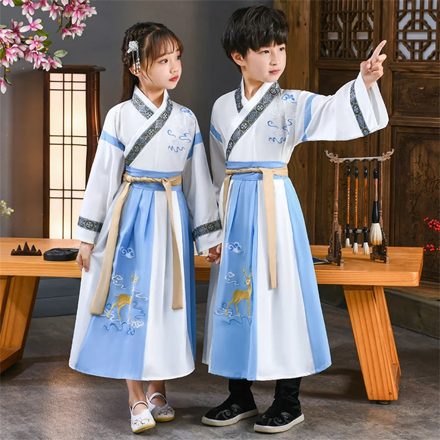 

Традиционное китайское платье Hanfu для мальчиков и девочек, школьная одежда в стиле древнего детского представления, для студентов, красное современное детское платье Hanfu