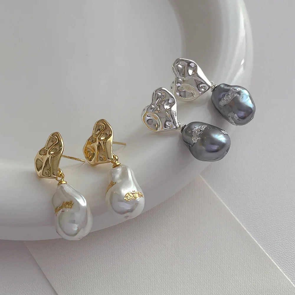 Minar Unusual White Grey Color Irregular Baroque Pearl Drop Earrings Real Gold Silver Plated Brass Heart Earring For Women