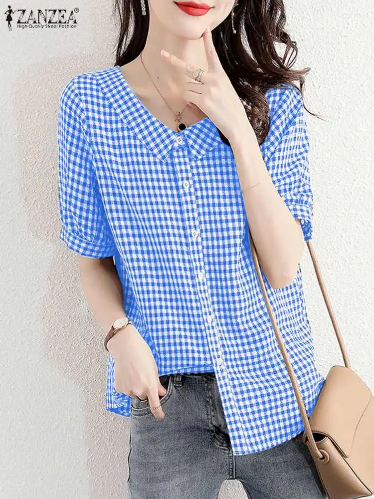 ZANZEA Harajuku Plaid Women Shirt 2024 Summer Sweety Doll Collar Short Sleeve Blouse Korean Fashion Buttons Loose Tops Oversized