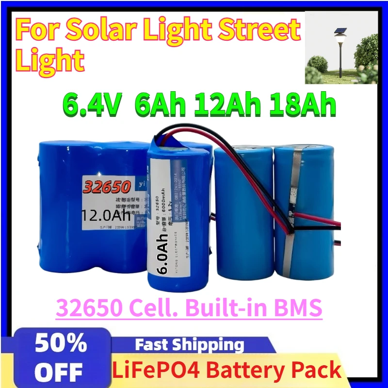 

Аккумулятор LiFePO4 6.4В 6-18Ач со встроенной BMS, элементы 32650, литий-железо-фосфатные, с защитным кожухом для солнечных и уличных фонарей