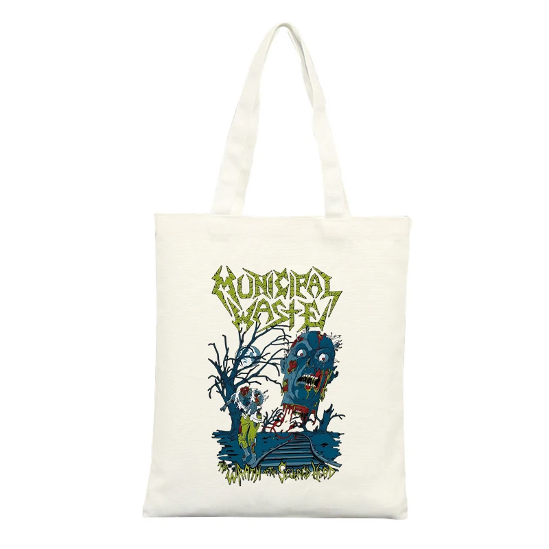 Canvas Tote Bag with Zombie Graphic and Typography Print, Streetwear Style for Casual Outings and Shopping