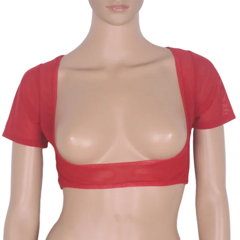 Canotta da donna Sexy maglia busto aperto manica corta danza del ventre Crop Shirt vestiti di garza trasparente spettacolo di danza del ventre tinta unita