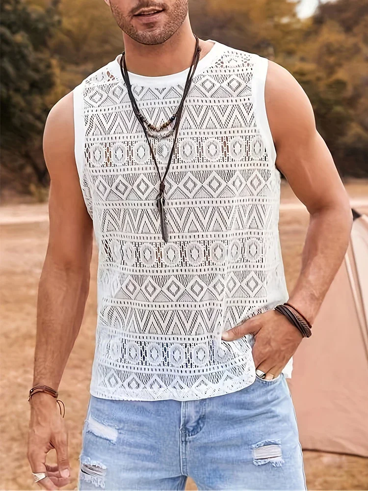 2024 Summer Sexy See Through Tank Tops For Men Casual Breathable O Neck Sleeveless Camisole Fashion Hollow Out Crochet Mens Vest