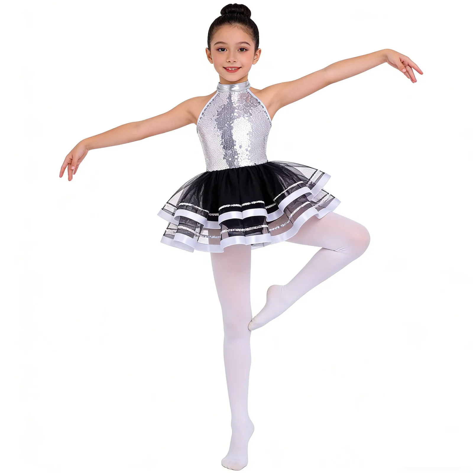 Kids Girls Ballet Latin Dance Leotard Costume Jazz Ballroom Stage Club Dance Sparkling Sequin Ballet Tutu Mesh Dance Dress