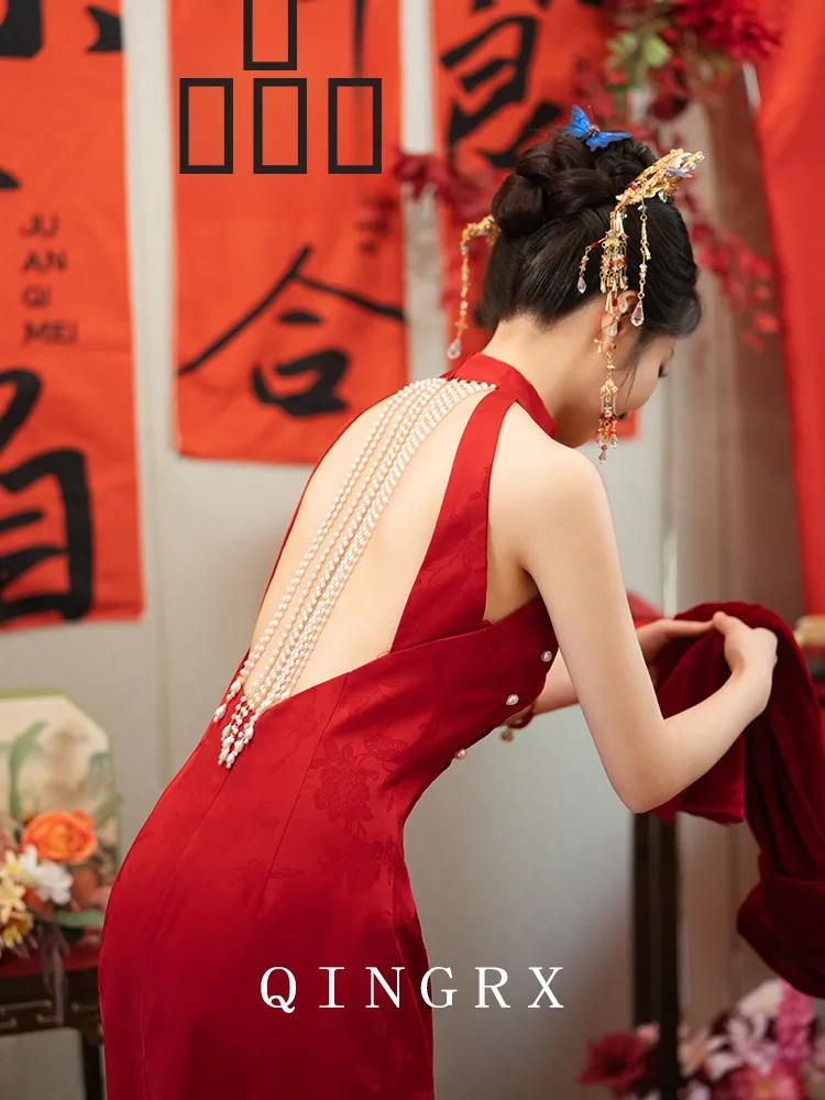 

Красное длинное китайское свадебное платье-ципао без рукавов для женщин Ele Red Neline Qingu Xi Hu Wedding Dr Young Sle