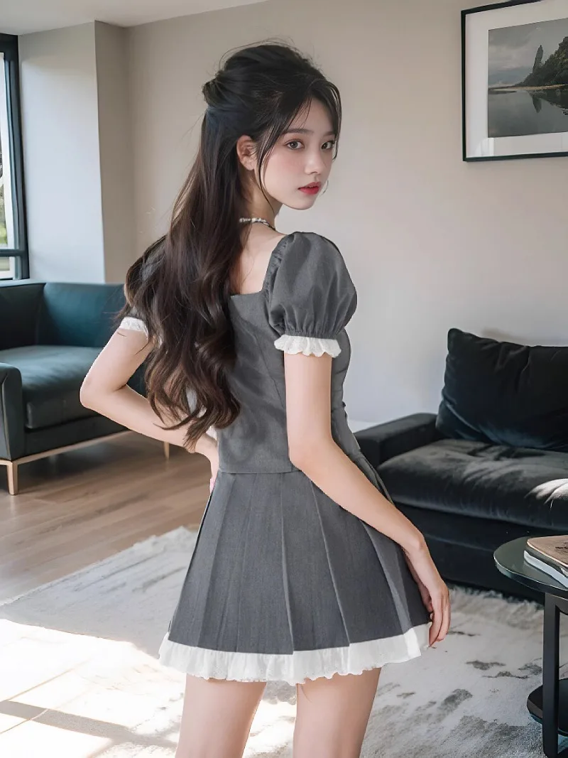 Spicy Girl French Bubble Sleeve Shirt Pleated Skirt Two-piece Set Lady Ruffle Edge Splice Contrast Color Sweet Fashion Slim Wear