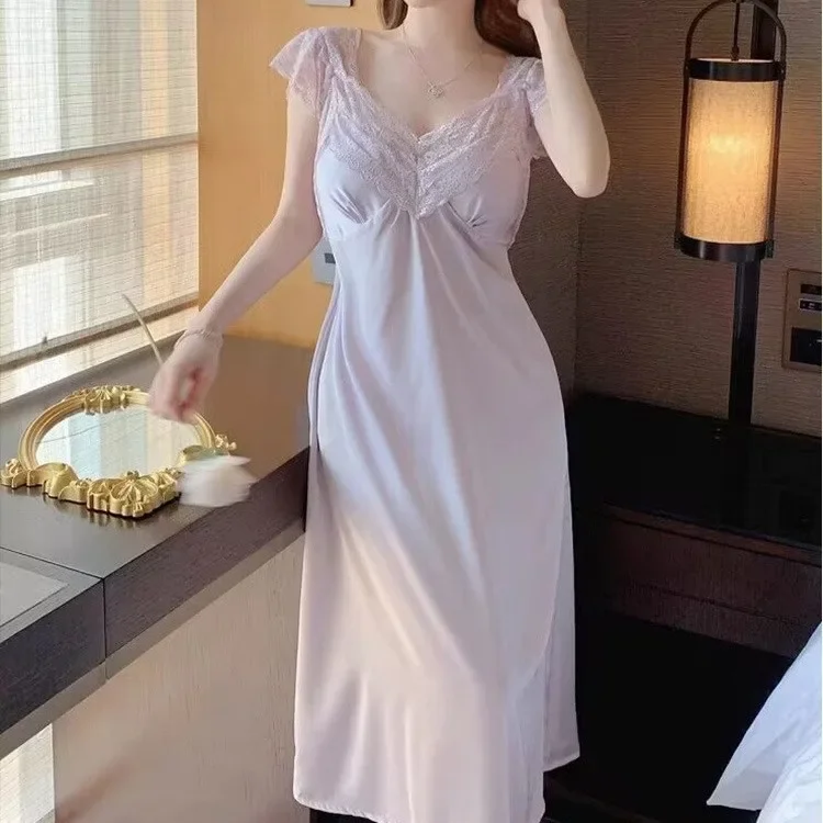 

New Sweet Nightwear V-neck Sexy Lace Nightwear With Chest Pads Suspended Skirt Chinese Home Fury Nightdress Gown Homewear