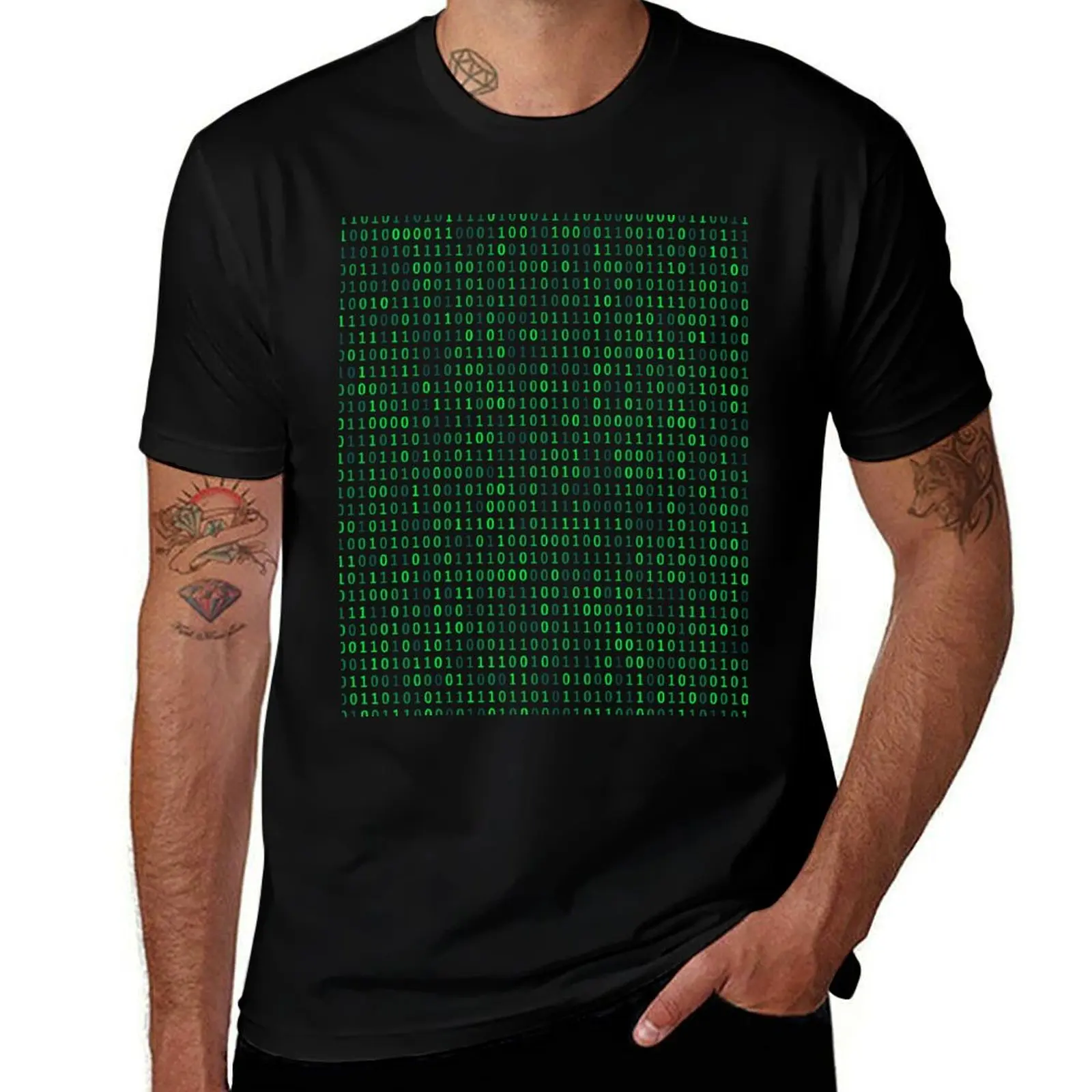 Binary code pattern 10101 green neon retro 80s computer screen black and green HD High Quality T-Shirt