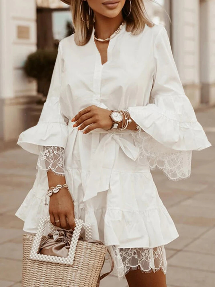 

Celmia 2023 Summer Elegant Lace Dress Fashion Flare Sleeve Solid Party Mini Vestidos Sexy V Neck Casual Evening Ruffled Sundress