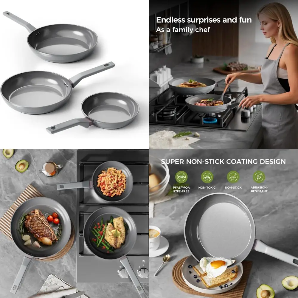 

Набор нетоксичных здоровых керамических сковородок из 3 предметов — сковороды с антипригарным покрытием размером 8, 10 и 12 дюймов, без PFAS, PTFE, PFOA, подходят для