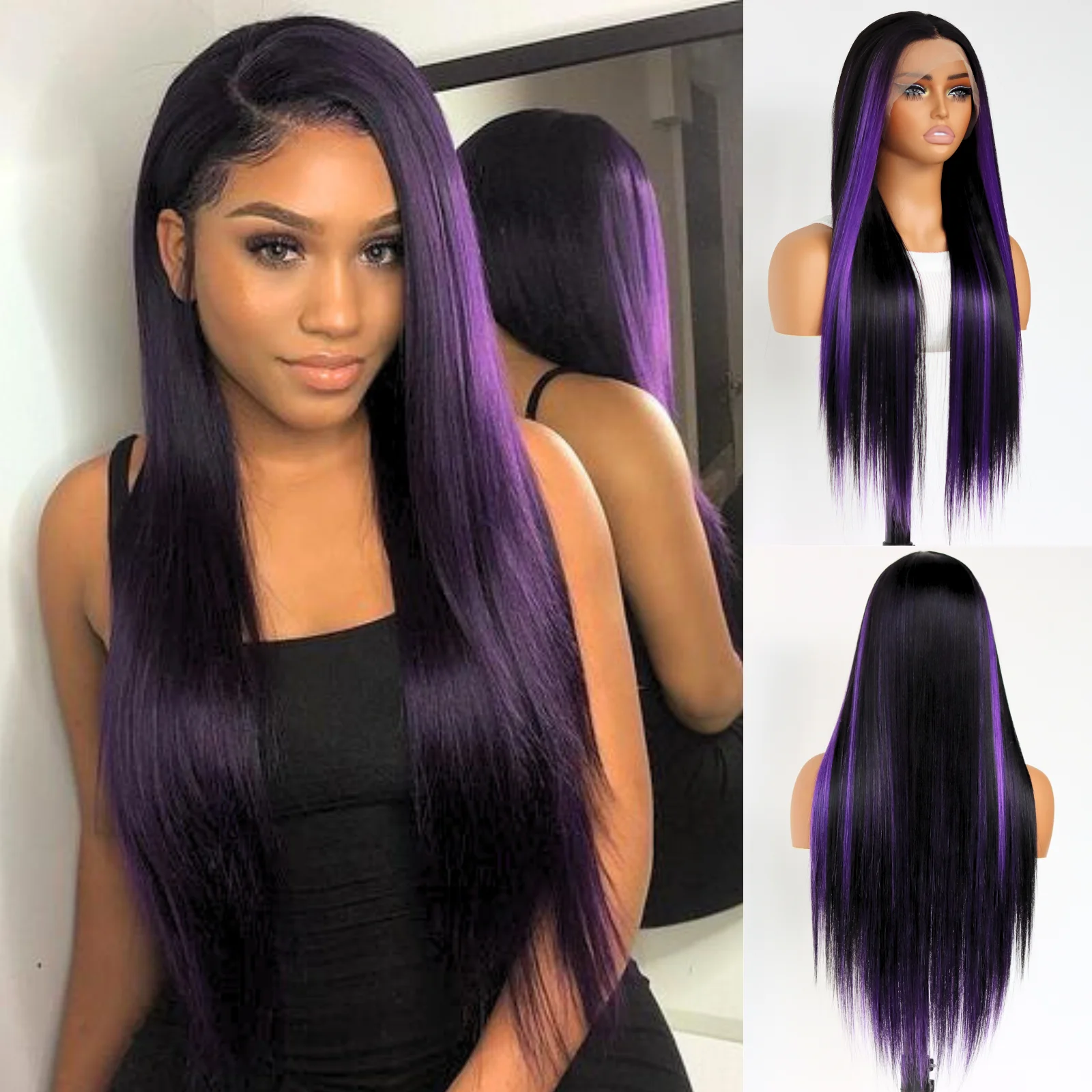 SALLYWELL Purple Highlights Synthetic Wig 13×4 Lace Front Wigs For Black Women Daily Party Wear