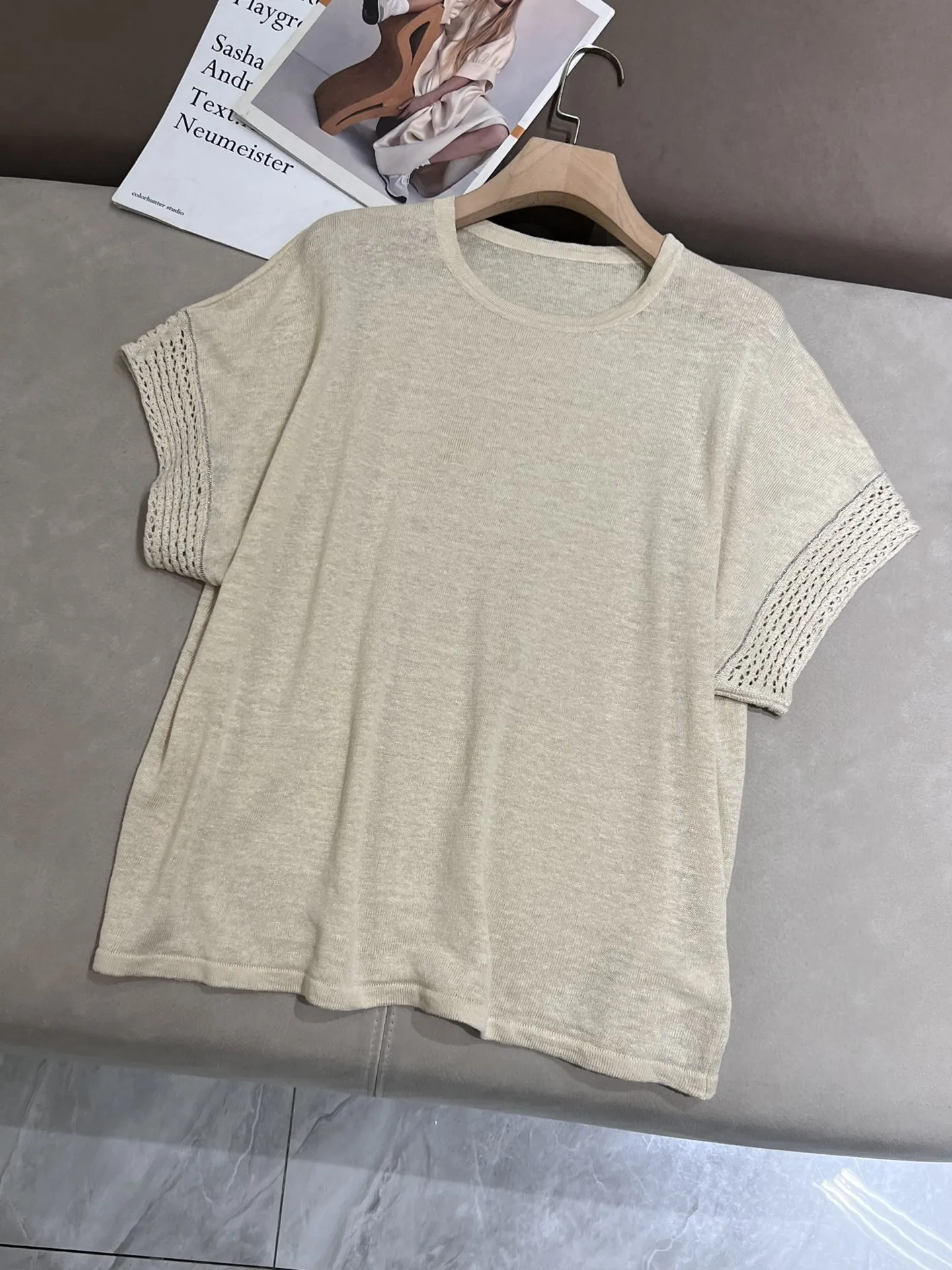 Round neck linen knitted loose short sleeved t-shirt