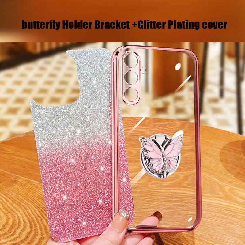 Butterfly Holder Bracket Glitter Plating Phone Case for Moto G60S G60 G30 G20 G10 G50 E13 E32 E22 E22i E20 E6S Stand Soft Cover