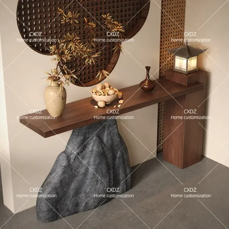 Solid Wood Entryway Table Song Style Aesthetic Narrow Console Imitation Stone End View Decorative Side Table for Corridor B&B