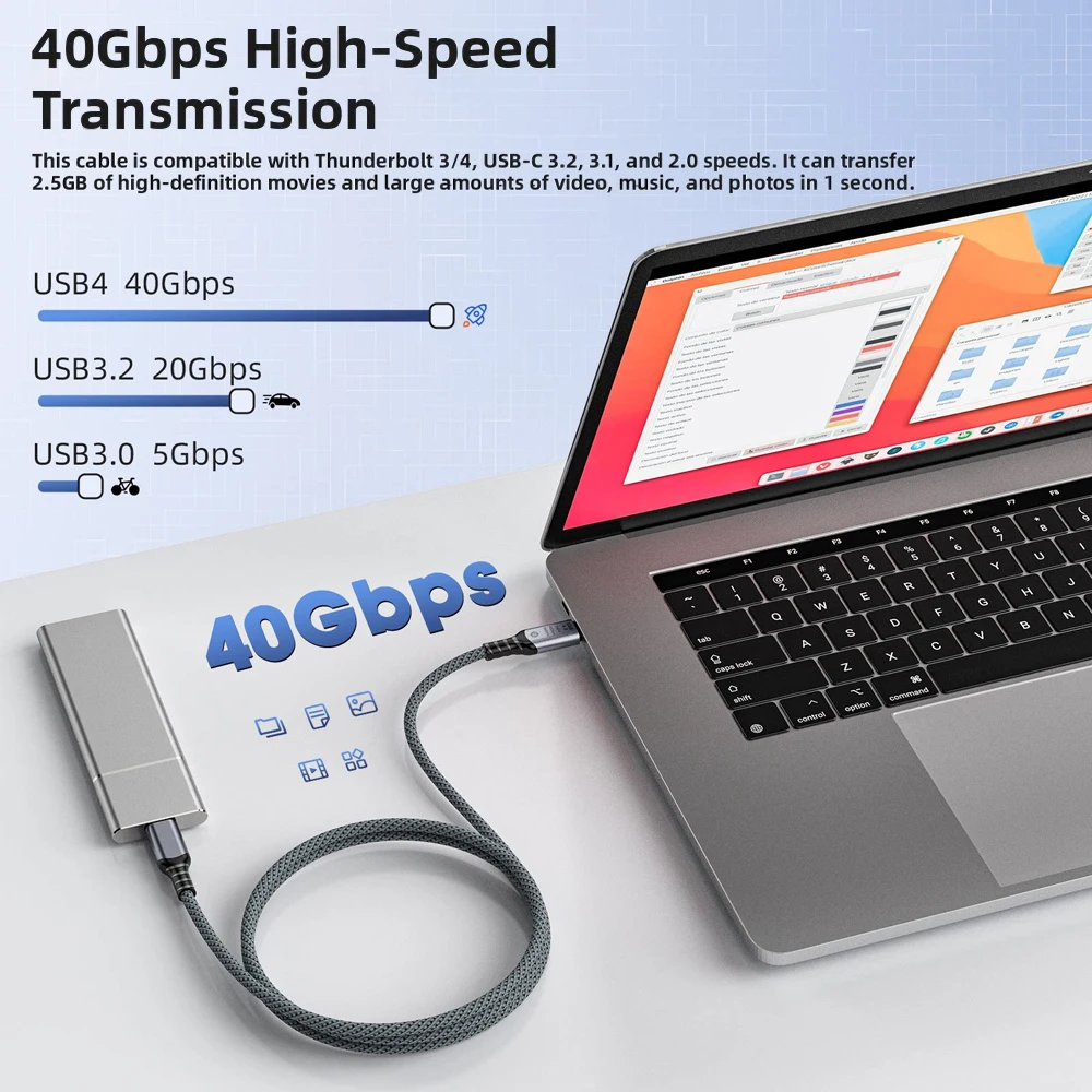 240W E-Marker Chip USB4 Data Cable 40Gbps 8K 60Hz Type C Thunderbolt 4 3 Fast Charging Cable for iPhone 15 16 17 Laptop MacBook