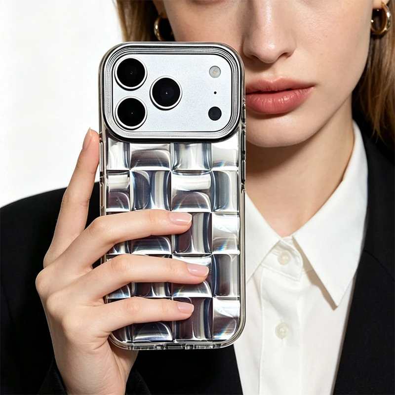

Ins Silver Ice Block Cube Dazzle Glossy Phone Case For iPhone 17 16 15 14 13 Pro Max Shockproof Protective Back Cover
