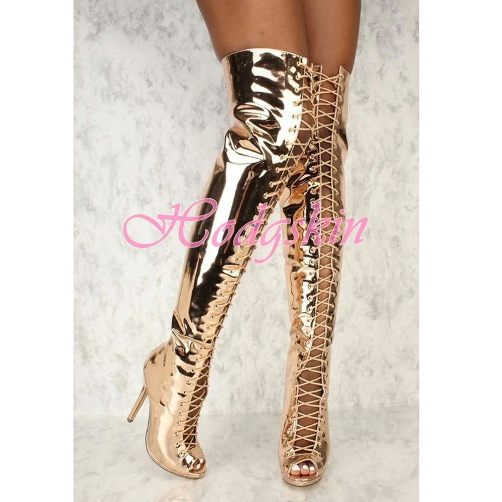 

Shiny Leather Lace Up Boots Peep Toe Stiletto Heels Hollow Women Party Shoe Over The Knee Solid Patent Autumn Runway Zipper Boot