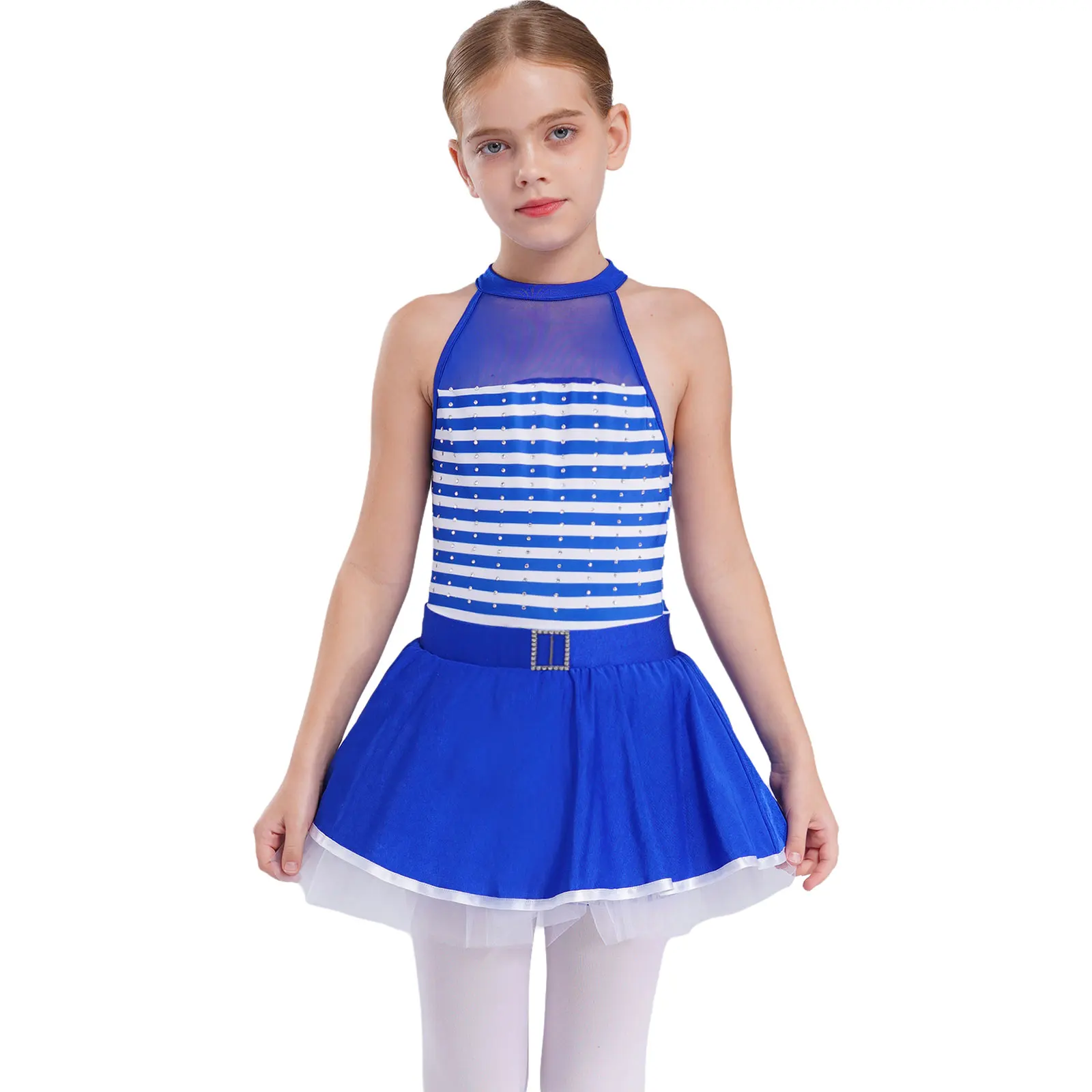

Kids Girls Ballet Dresses Shiny Rhinestones Tutu Dress Sleeveless Keyhole Back Sheer Mesh Patchwork Striped Dress Dancewear