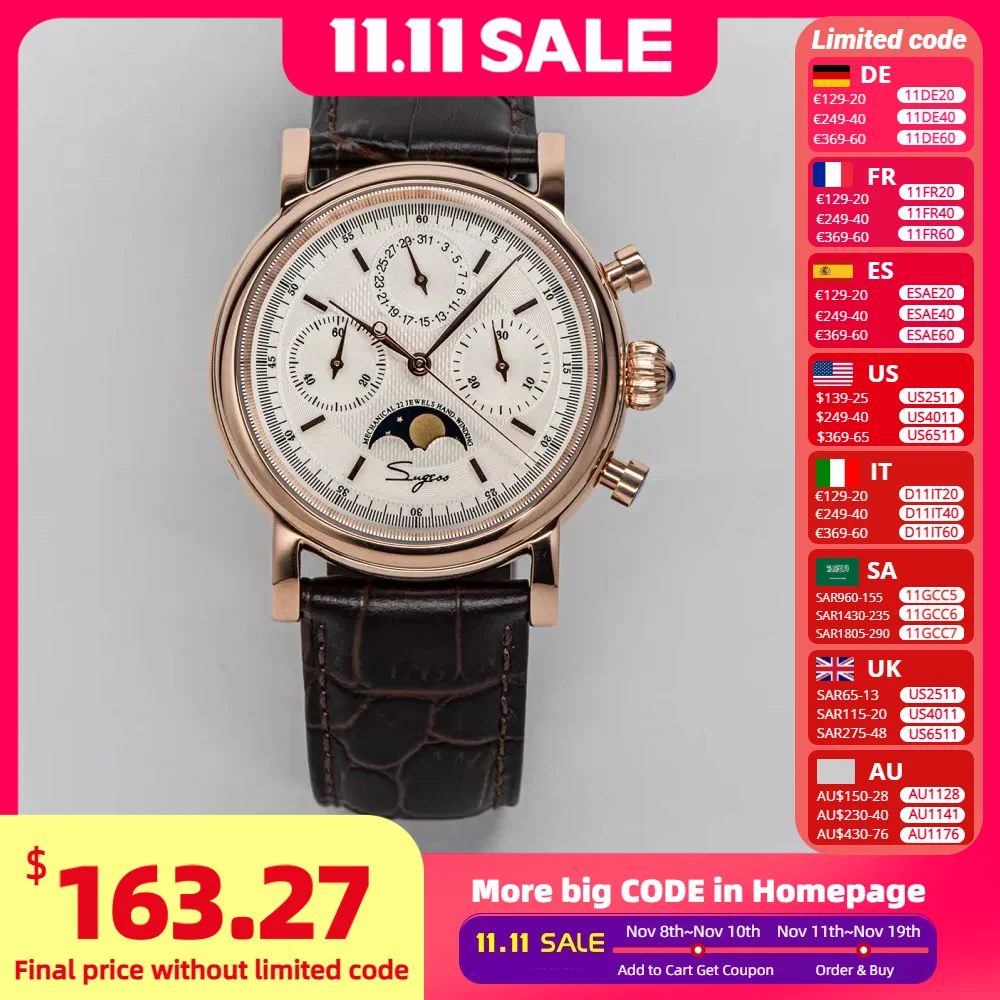 Sugess Pilot-relojes mecánicos con cronógrafo para hombre, resistente al agua, movimiento Original ST1908, calendario de fase lunar, cuello de cisne, 2022