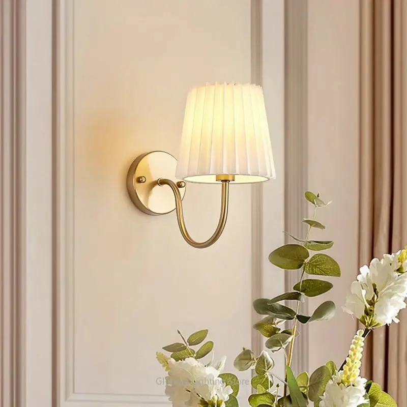 

French Style Pleated Wall Lamp for Bedroom Headboard, Romantic Vintage Accent Light for Living Room TV LED Wall & Corridor