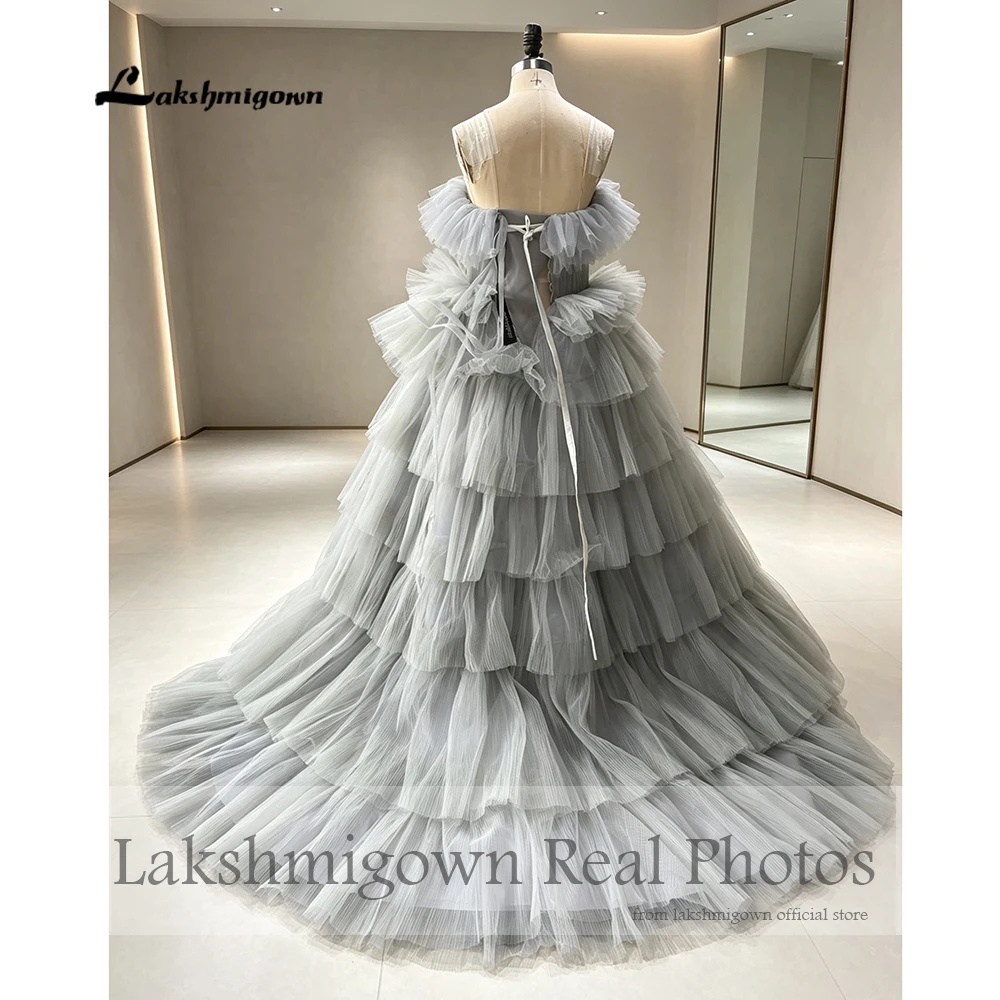 Lakshmigown Graues Mehrschichtiges Ballkleid aus Mesh-Stoff, Hochzeitskleider, trägerlos, ärmellos, Abendkleider, maßgeschneidert – Detail 7