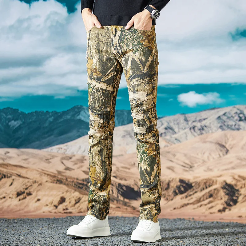 Branch camouflage jeans men's autumn fashion slim-fitting small straight hole patch Street handsome retro biker's pants