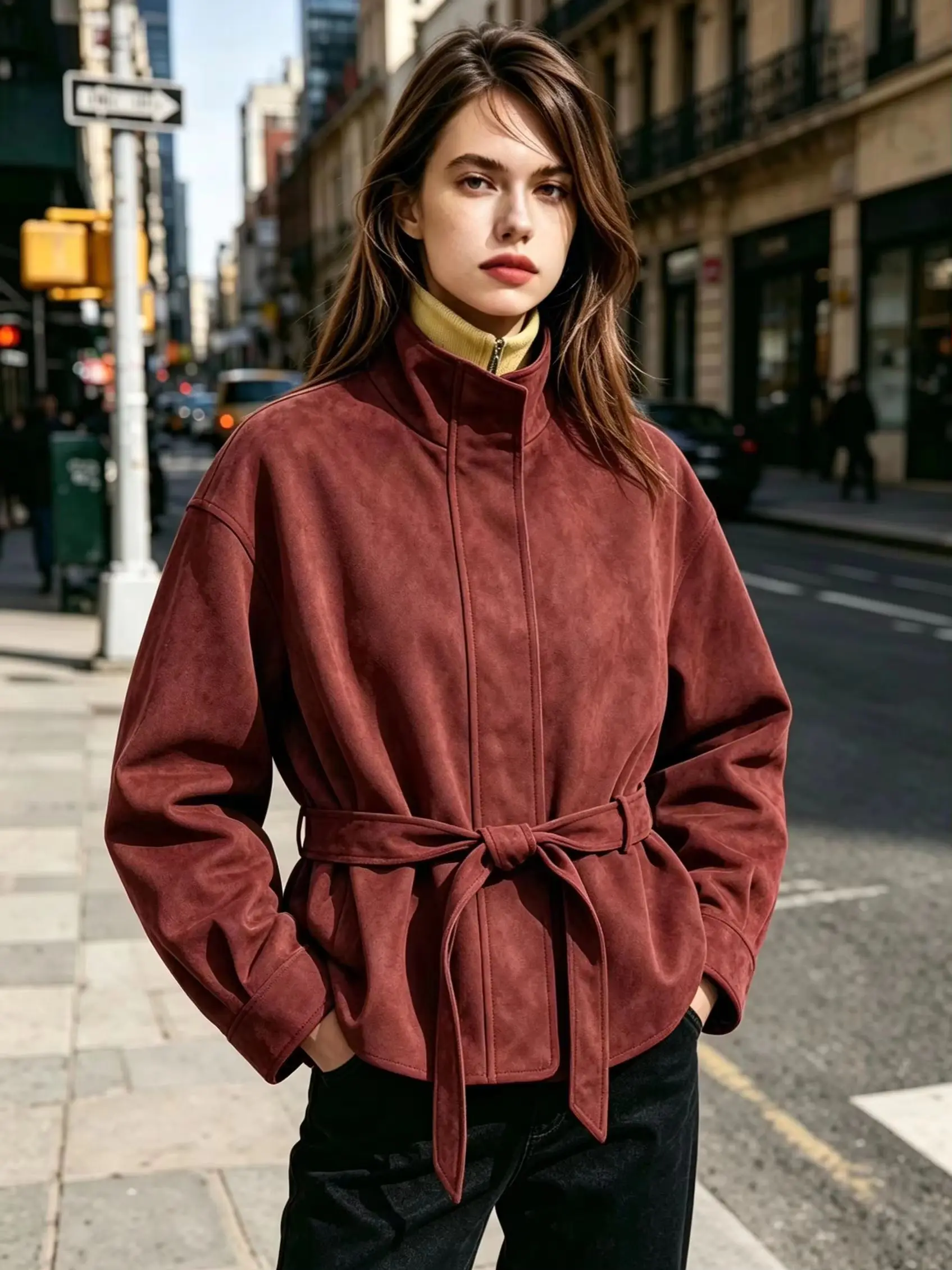 Women Vintage Belt Coat Elegant Commute Faux Suede Jacket Coat New 2026 Fall Winter Chic Street Style Stand-Collar Coat Pink Hot