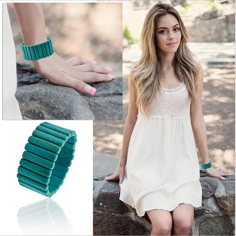 Super belle pierre naturelle bleu Turquoises Bracelet Homme Femme bijoux à breloques femmes hommes style National brin perles Bracelet
