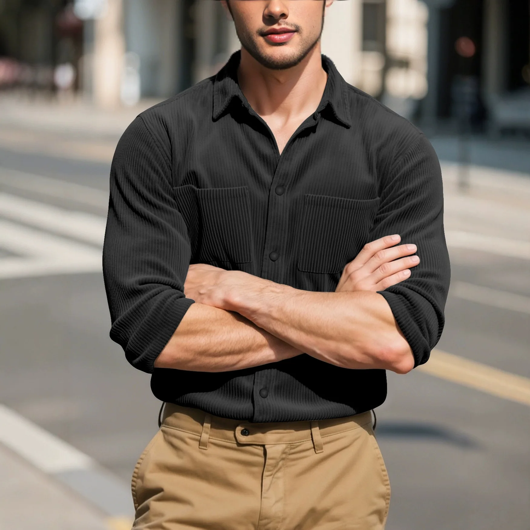 

Осень 2023, новые мужские вельветовые рубашки, куртка, стильная рубашка с длинным рукавом и воротником, облегающая повседневная верхняя одежда