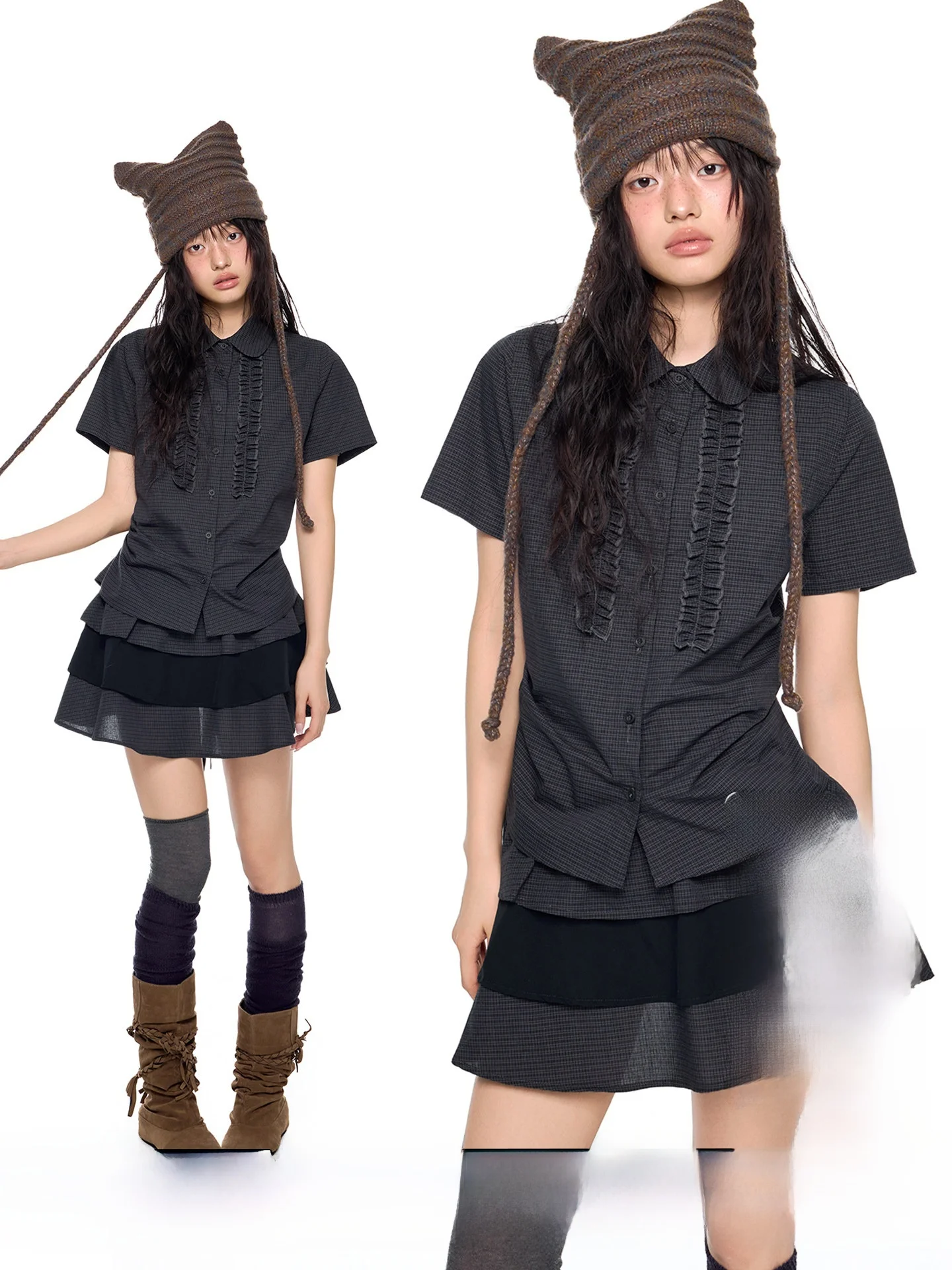 

EZEK Summer New Women's Plaid Pleated Shirt Short Sleeve Casual Half Skirt Set High Waist Baking Color Block Cake Skirt