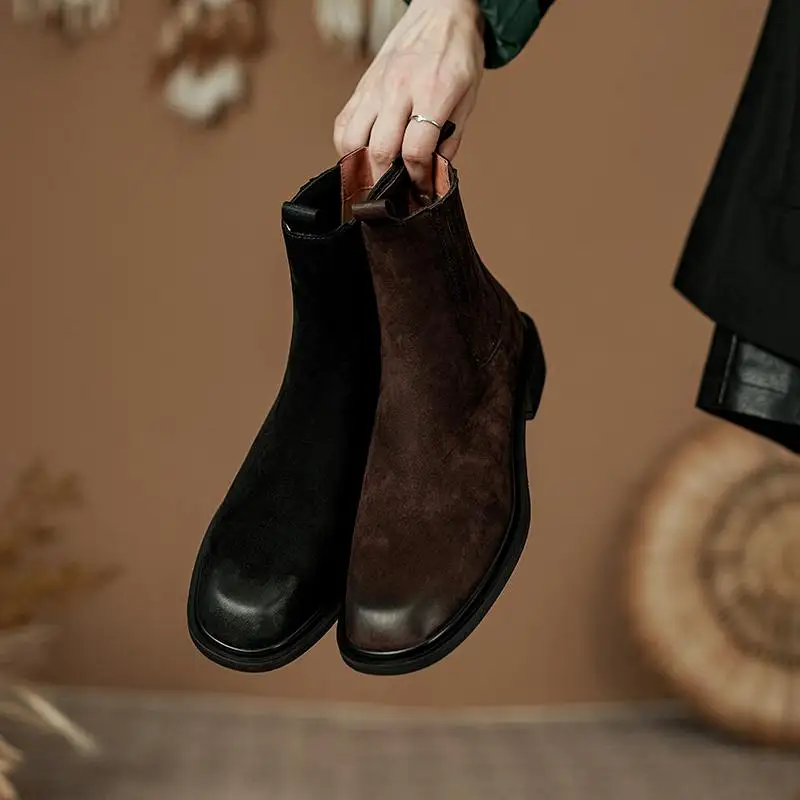 Krazing Pot New Cow Suede Round Toe Winter Warm Chelsea Boots Design europeo Vintage Chic Office Lady England Style stivaletti