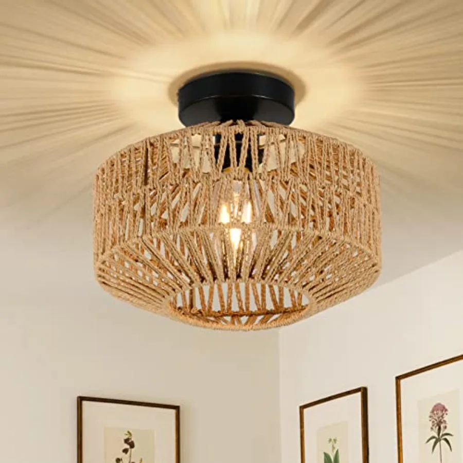 Boho Light Fixtures Ceiling Mount, Mini Rattan Chandelier Light Fixture with Dimmable LED Bulb, Hand Woven Ceiling Light Fixtur