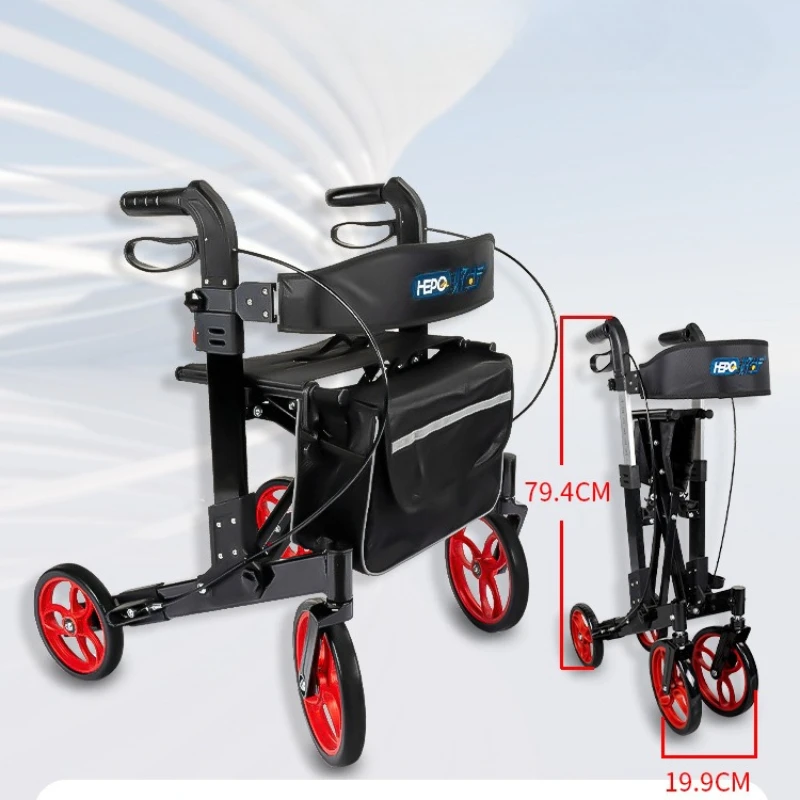 ‌Foldable Aluminum Alloy Shopping Cart with Seat, 4-Wheel Walker Trolley for Elderly, Large Capacity Portable Grocery Cart