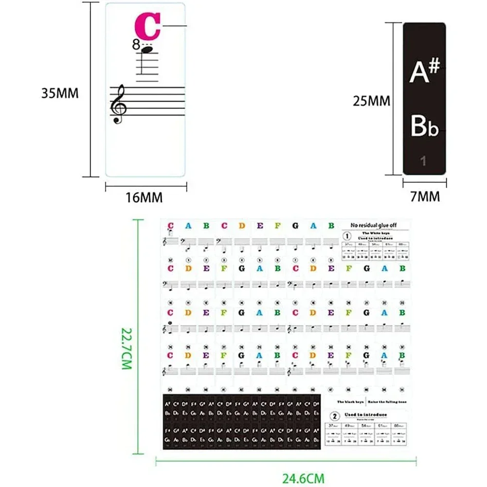 

Piano Keyboard Sticker Note Beginner Colorful Transparent 22.7 * 24.6cm For 88 61 54 49 37Key Keyboard Stickers