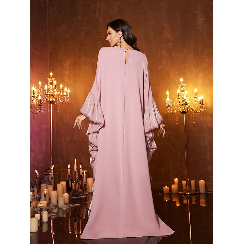 Elegant Blush Pink Kaftan Abaya Maxi Dress 3D Flower Beaded Batwing Sleeve Evening Gown Wedding Party Formal Dress