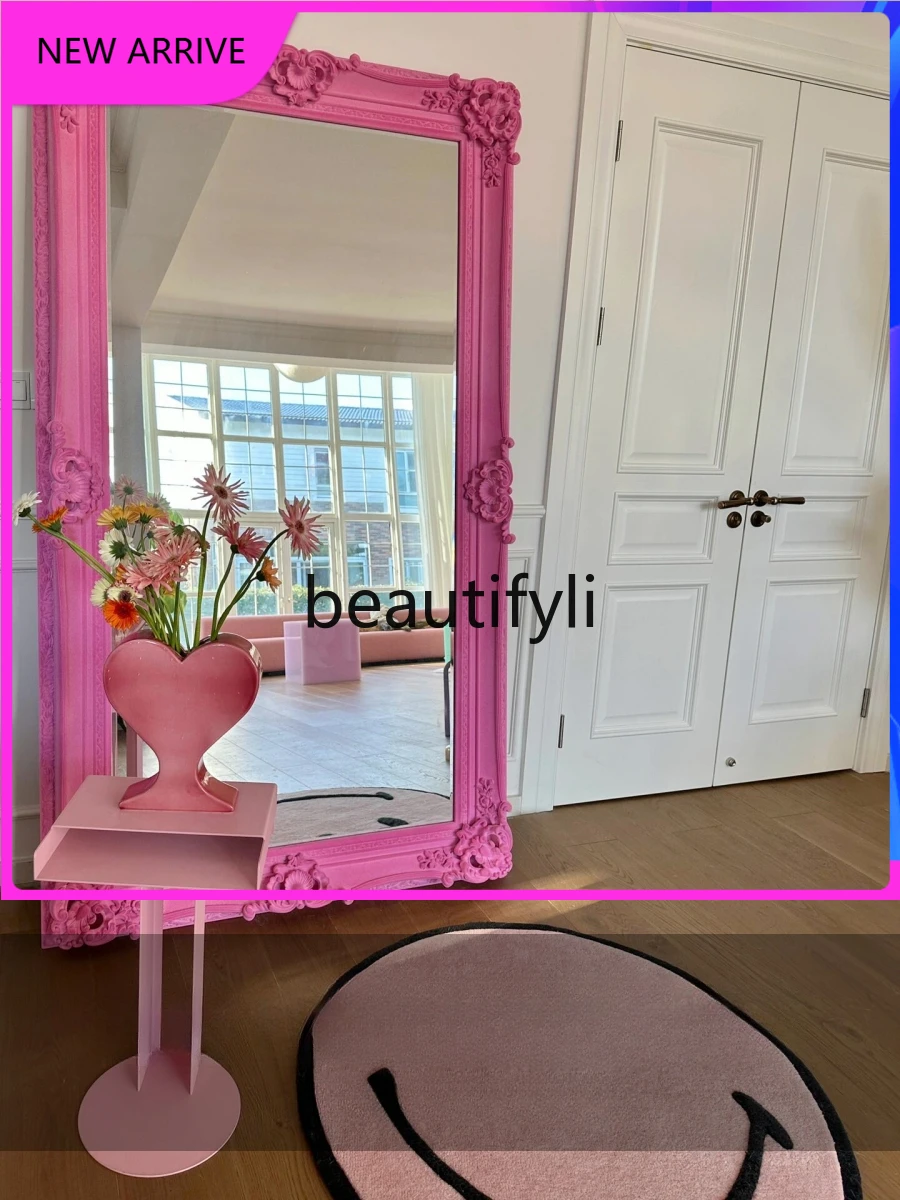 

Flocking full-body mirror floor-to-ceiling French retro advanced velvet fluorescent mirror D1089