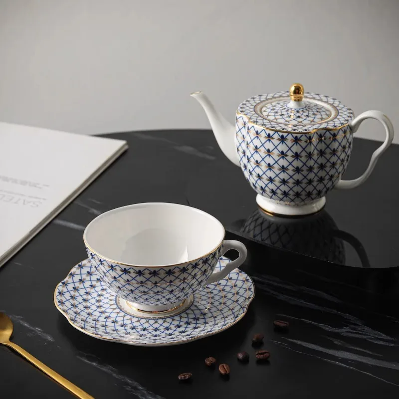 

Blue Grid European High-end Gold-plated Bone China Afternoon Tea Coffee Cup Kitchen Creative Teapot Tea Cup Set Gift Bubble Tea